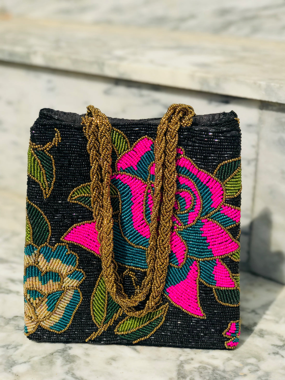 Black purple beaded bag