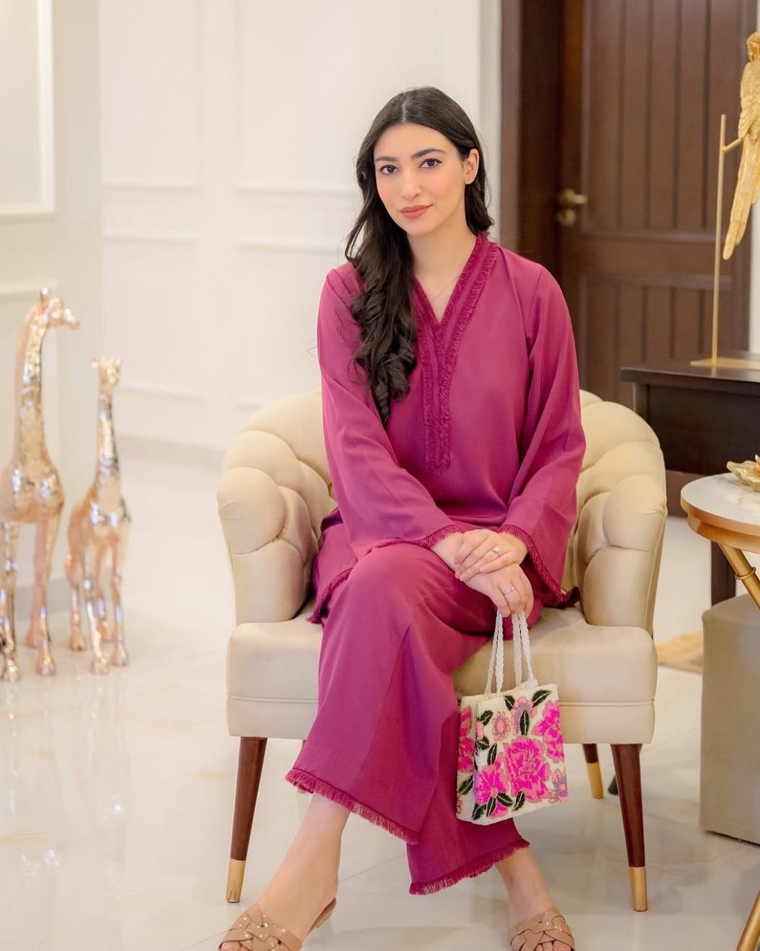 White n pink beaded bag